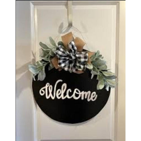 Round Wood Welcome Decorative Wall Hanging Art 30cm Diameter Black