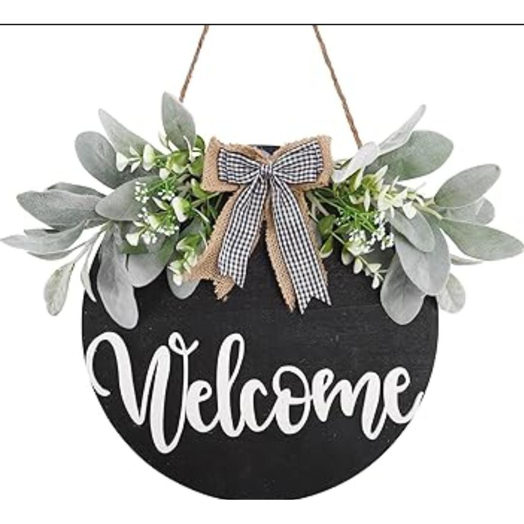 Round Wood Welcome Decorative Wall Hanging Art 30cm Diameter Black