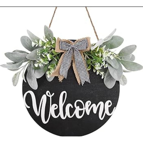 Round Wood Welcome Decorative Wall Hanging Art 30cm Diameter Black