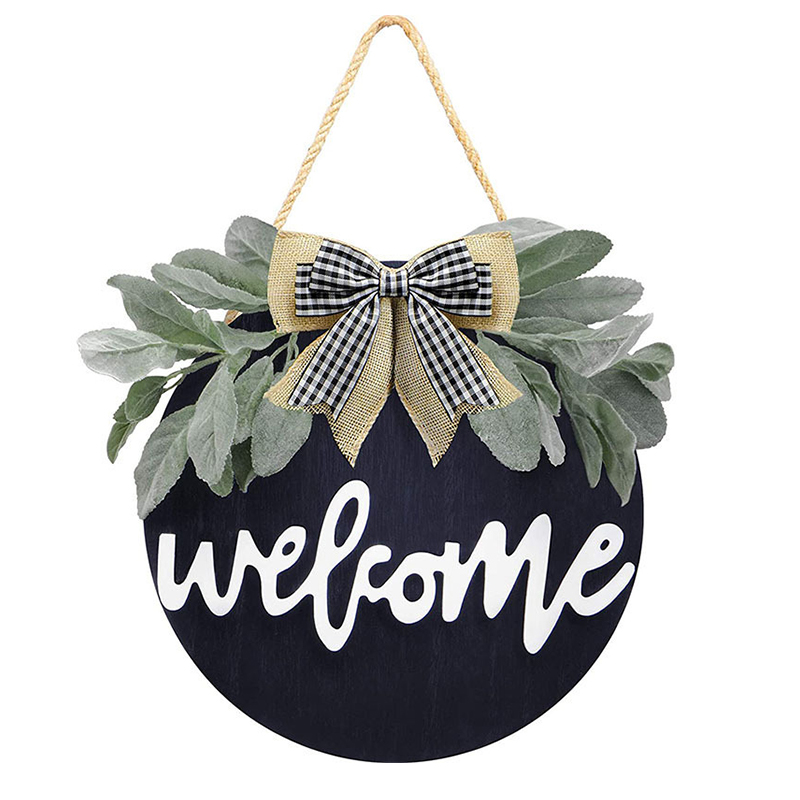 Round Wood Welcome Decorative Wall Hanging Art 30cm Diameter Black