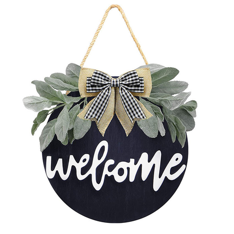 Round Wood Welcome Decorative Wall Hanging Art 30cm Diameter Black
