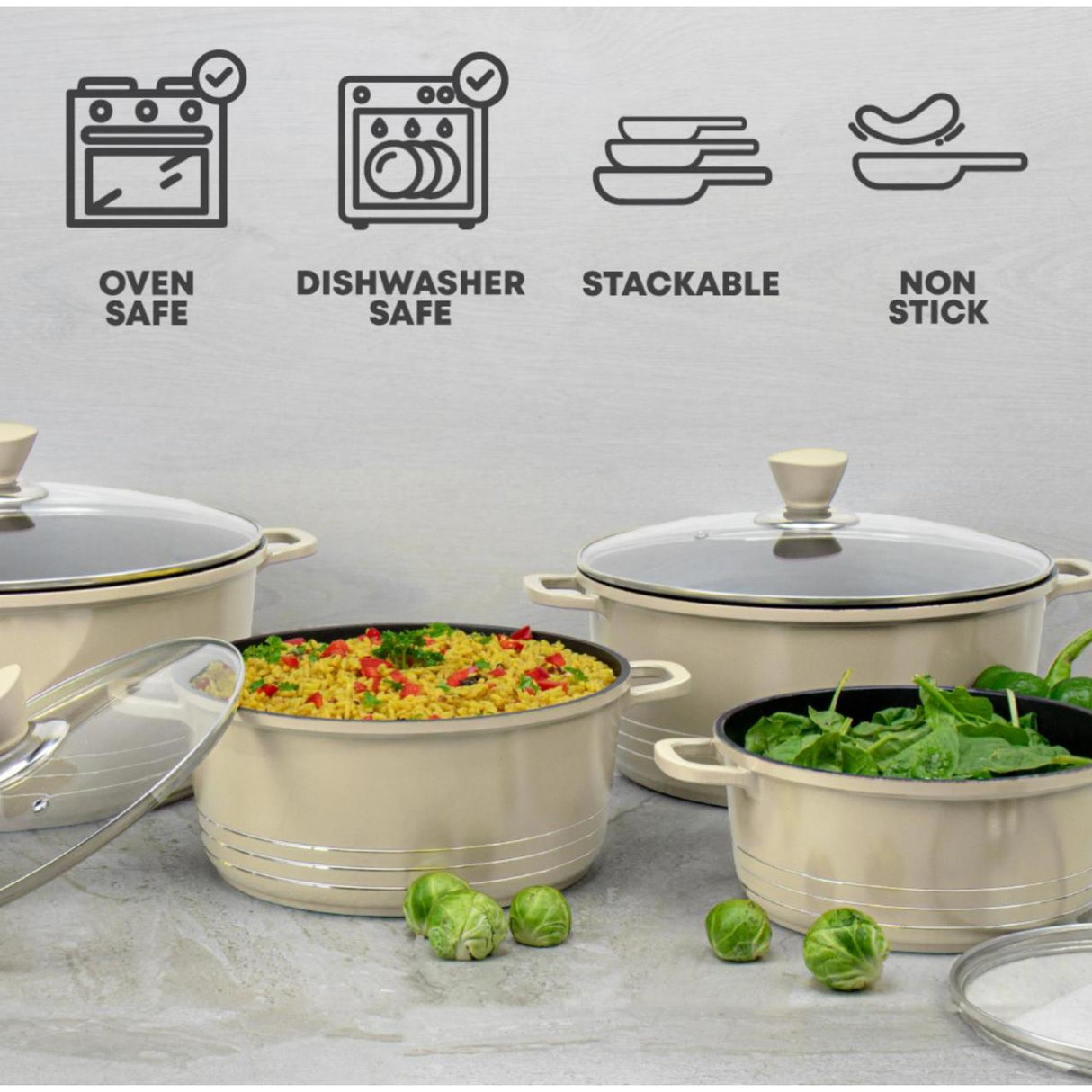 SQ Professional Laria 4 Piece Die Cast Stock Pot Set | Cream and Grey | Sizes: 20cm, 24cm, 28cm, 32cm