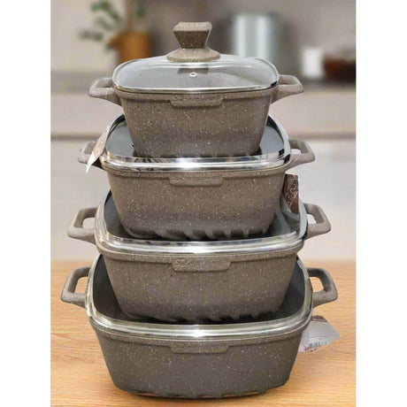 SQ Professional Nea Marfil 4 Piece Die Cast Stock Pot Set | Marble Effect Coating, Vortex Base Cookware | Sizes: 20cm, 24cm, 28cm, 32cm