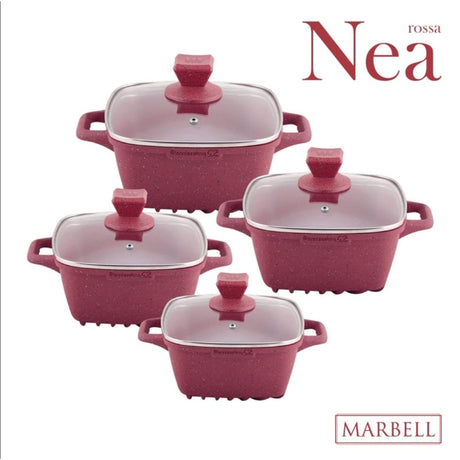 SQ Professional Nea Rossa 4 Piece Die Cast Stock Pot Set | Marble Effect Coating, Vortex Base Cookware | Sizes: 20cm, 24cm, 28cm, 32cm