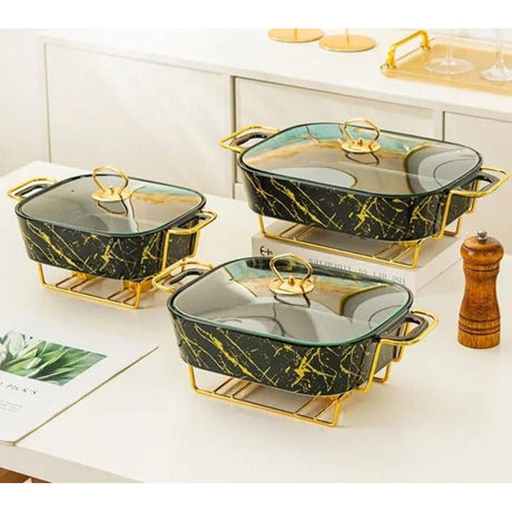 3 Piece Ceramic Food Warmers Serving Bowls Set | 3.5 Liters, 2.5 Liters, 1.8 Liters | Black, Silver | Perfect For Home Dining, Parties, & Special Occasions- Furaha Finds Kenya