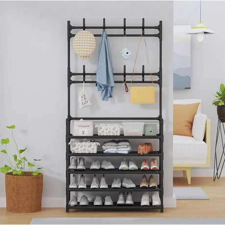 5 Tier Entryway Coat Rack with Shoe Bench & Storage Shelves Black & White 169 x 60 x 26 cm.- Furaha Finds Kenya