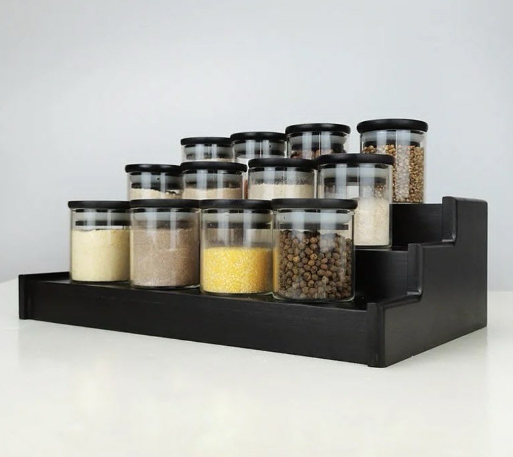 Furaha Finds 12Piece Glass Spice Jars with Bamboo Black Lids & Stand 200ml borosilicate glass jars for sleek and stylish spice organization in modern kitchens.