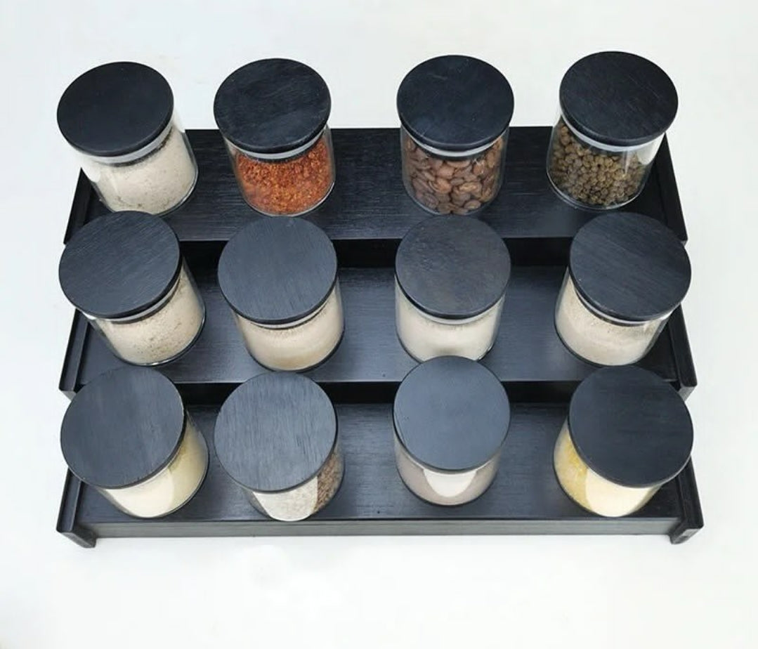 Furaha Finds 12Piece Glass Spice Jars with Bamboo Black Lids & Stand 200ml borosilicate glass jars for sleek and stylish spice organization in modern kitchens.