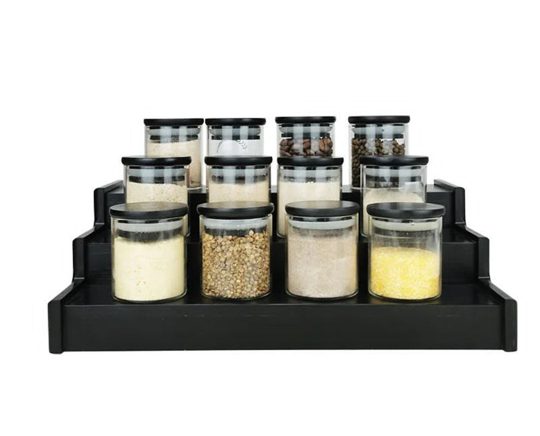 Furaha Finds 12Piece Glass Spice Jars with Bamboo Black Lids & Stand 200ml borosilicate glass jars for sleek and stylish spice organization in modern kitchens.