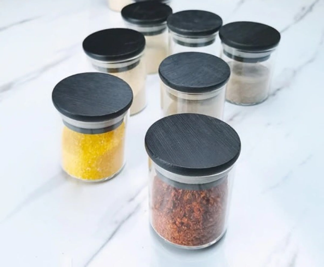 Furaha Finds 12Piece Glass Spice Jars with Bamboo Black Lids & Stand 200ml borosilicate glass jars for sleek and stylish spice organization in modern kitchens.
