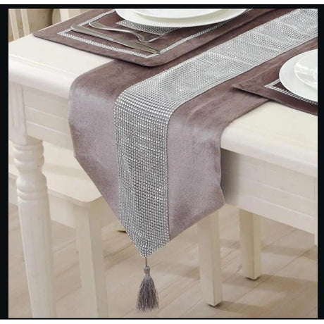 13 Piece Flannel Table Set | Table Runner, Mats & Cushion Covers (Maroon Red, Black, Grey, Beige)