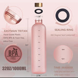 BPA Free Portable 1000ml Frosted Transparent Plastic Water Bottle with Time Scale  | Large Capacity Sports & Leak Proof Rubber Outdoor Water Bottle