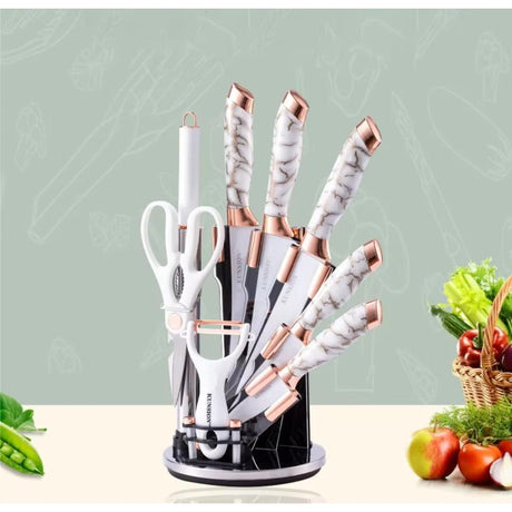 9Pc Marble Knife Set 5 Knives, Kitchen Fork, Scissors, Potato Peeler and Stand.- Furaha Finds Kenya