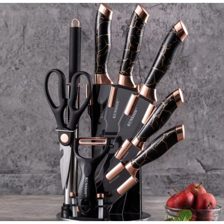 9Pc Marble Knife Set 5 Knives, Kitchen Fork, Scissors, Potato Peeler and Stand.- Furaha Finds Kenya