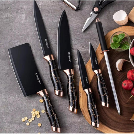 9Pc Marble Knife Set 5 Knives, Kitchen Fork, Scissors, Potato Peeler and Stand.- Furaha Finds Kenya