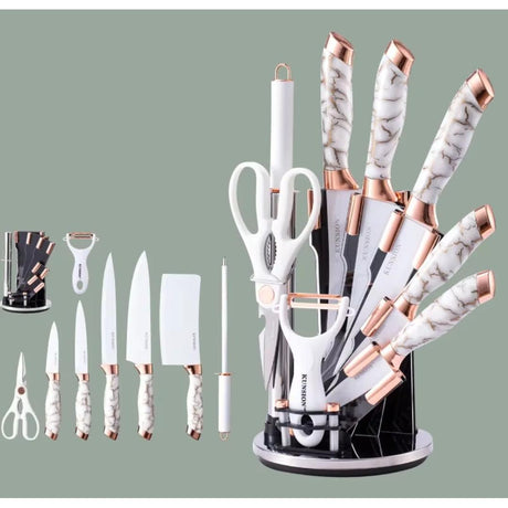 9Pc Marble Knife Set 5 Knives, Kitchen Fork, Scissors, Potato Peeler and Stand.- Furaha Finds Kenya