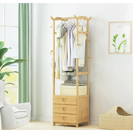 Multifunctional Bamboo Cloth Storage Rack with 3 Storage Drawers.- Furaha Finds Kenya