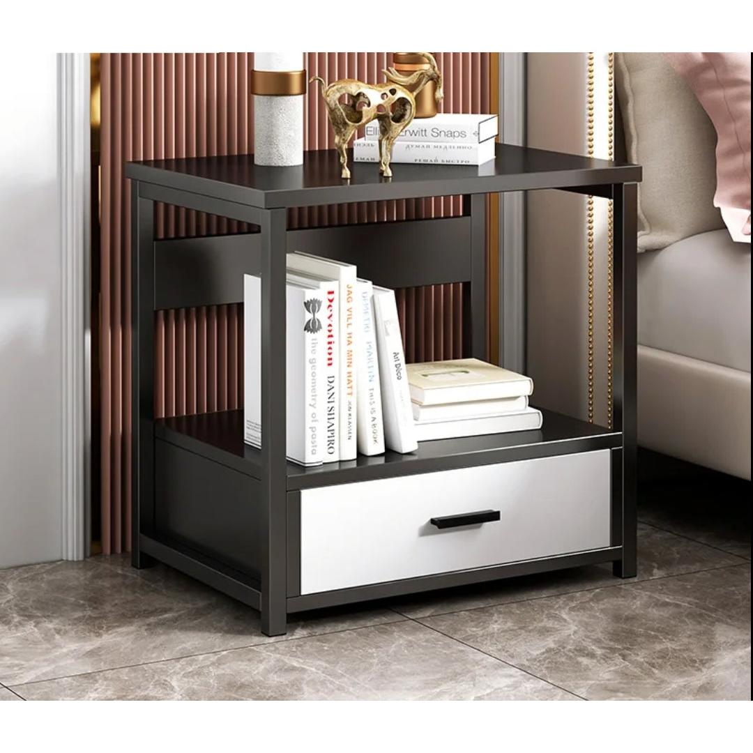 Nordic Luxury Single Drawer Bedside Cabinet Marble Texture, Large Capacity Storage, 50cm x 45cm x 35cm, Black