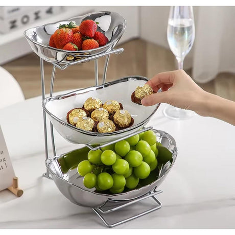 Nordic 3 Tier Ceramic Fruit Snack Stand with Silver Metallic Stand