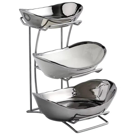 Nordic 3 Tier Ceramic Fruit Snack Stand with Silver Metallic Stand