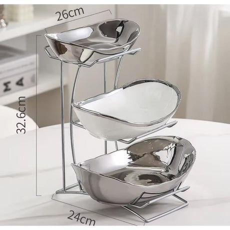 Nordic 3 Tier Ceramic Fruit Snack Stand with Silver Metallic Stand