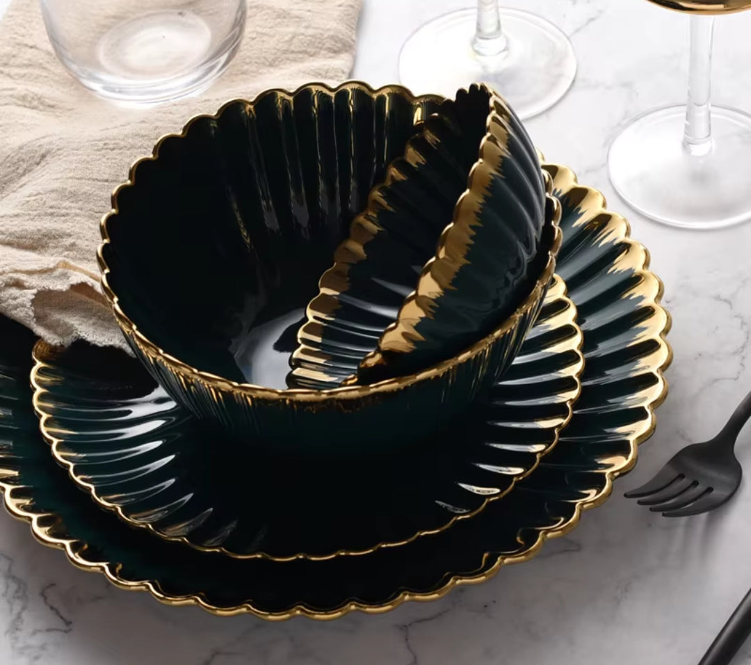 Furaha Finds 36-Piece Nordic Shaped Dinner Set with Gold Rim.