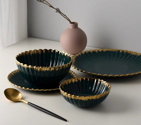 Furaha Finds 36-Piece Nordic Shaped Dinner Set with Gold Rim.