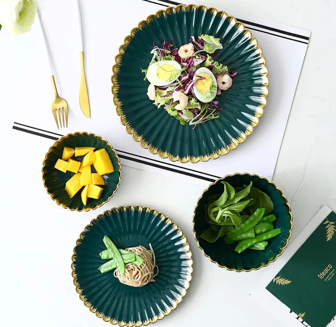 Furaha Finds 36-Piece Nordic Shaped Dinner Set with Gold Rim.