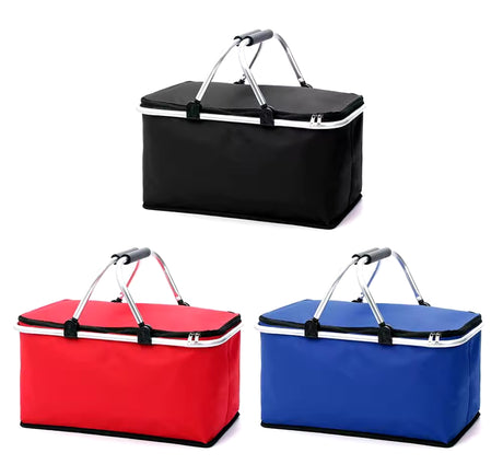 Furaha Finds Foldable Insulated Picnic Bag 48x28x22 cm, keeps food hot or cold, available in Black, Red, and Blue, perfect for travel, groceries, and outdoor use.