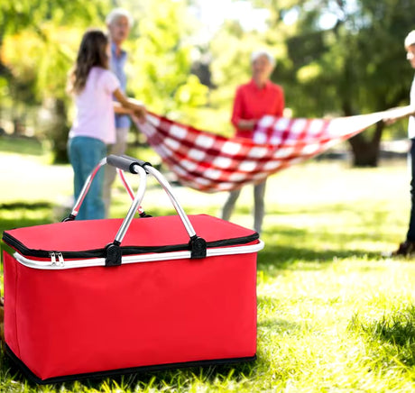 Furaha Finds Foldable Insulated Picnic Bag 48x28x22 cm, keeps food hot or cold, available in Black, Red, and Blue, perfect for travel, groceries, and outdoor use.