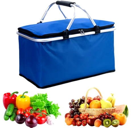 Furaha Finds Foldable Insulated Picnic Bag 48x28x22 cm, keeps food hot or cold, available in Black, Red, and Blue, perfect for travel, groceries, and outdoor use.