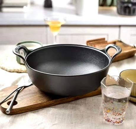 Pre Seasoned Pure Cast Iron Flat Bottom Wok with Wooden Lid 27cm Double Handles.- Furaha Finds Kenya