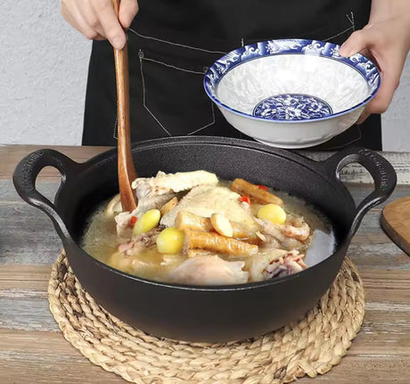 Pre Seasoned Pure Cast Iron Flat Bottom Wok with Wooden Lid 27cm Double Handles.- Furaha Finds Kenya