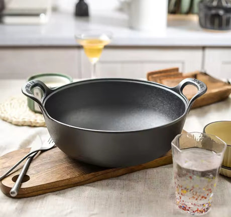 Pre Seasoned Pure Cast Iron Flat Bottom Wok with Wooden Lid 27cm Double Handles.- Furaha Finds Kenya