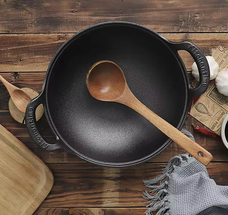 Pre Seasoned Pure Cast Iron Flat Bottom Wok with Wooden Lid 27cm Double Handles.- Furaha Finds Kenya