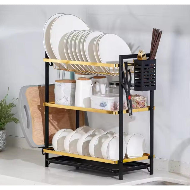 3Tier Dishrack SpaceSaving Kitchen Dish Organizer in Gold and Black