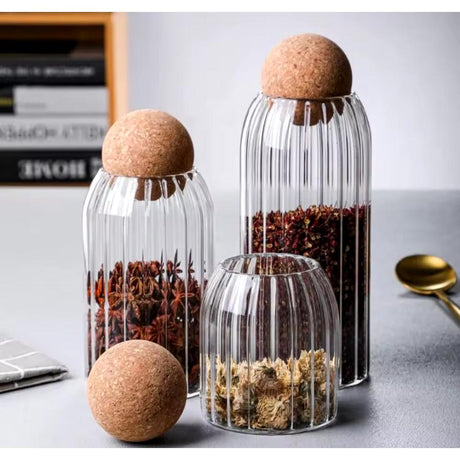 Ribbed Storage Glass Jars 3pcs Set of Stylish, Airtight Containers for Kitchen & Pantry Organization