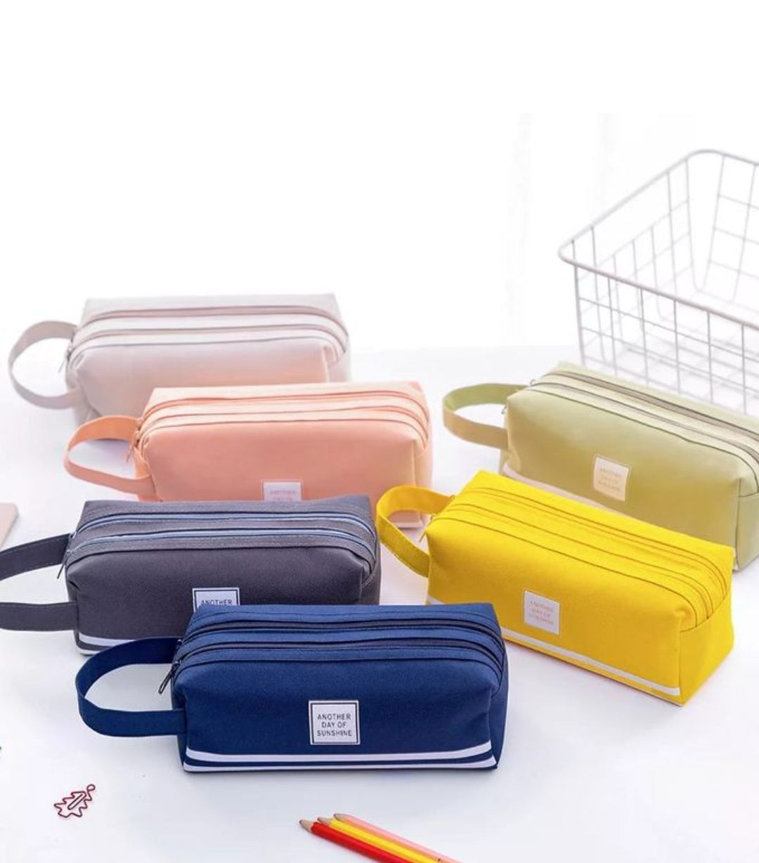 Large Capacity Canvas Pencil Pouch & Makeup Bag | Double Layer Zipper & Handheld Design