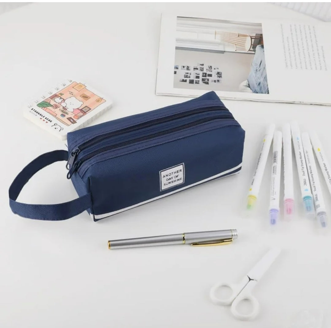 Large Capacity Canvas Pencil Pouch & Makeup Bag | Double Layer Zipper & Handheld Design
