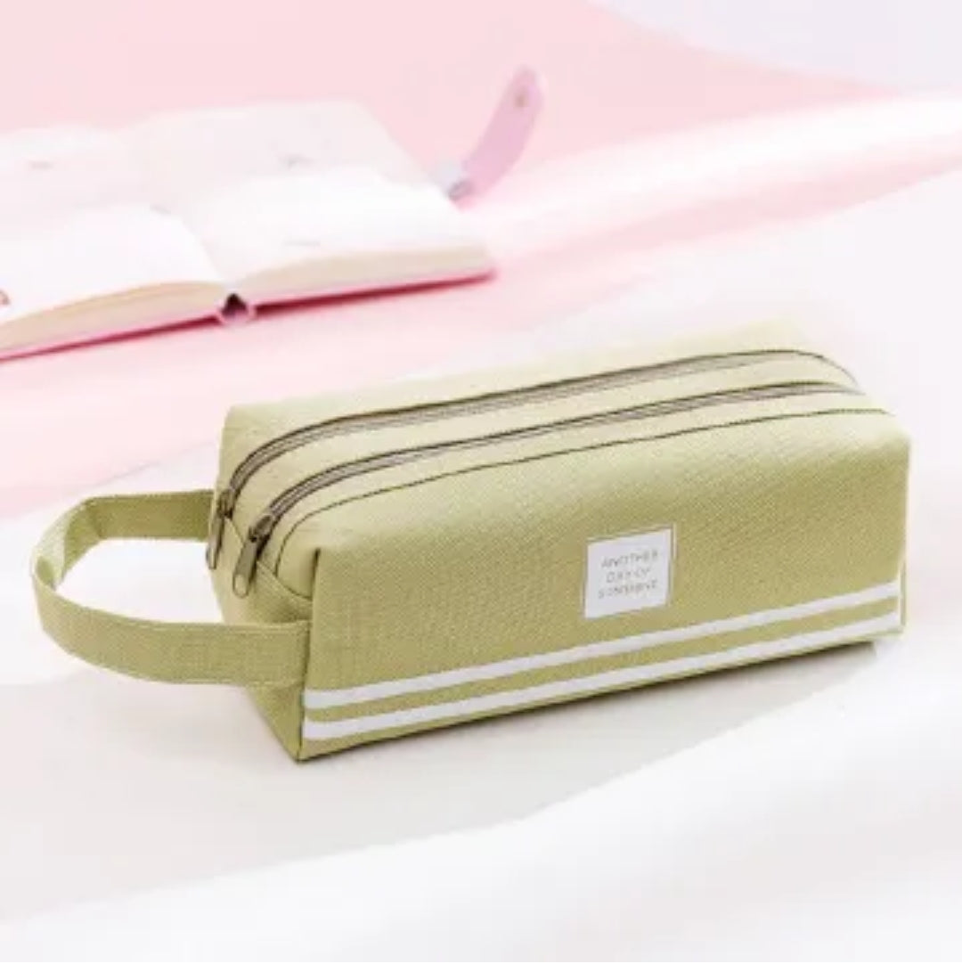 Large Capacity Canvas Pencil Pouch & Makeup Bag | Double Layer Zipper & Handheld Design
