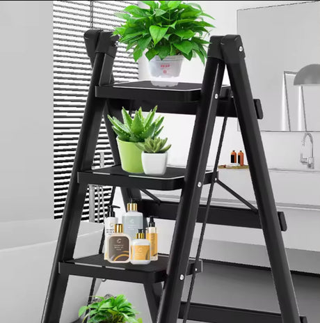 Furaha Finds 4-Step Black Foldable Ladder – 100cm heavy-duty alloy step ladder with rust-proof coating