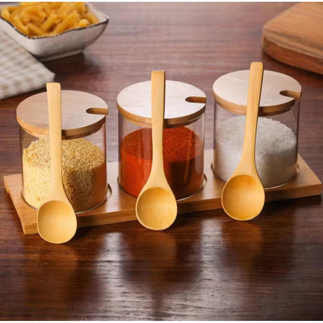 3 in 1 Glass Spice Condiment Set with Bamboo Lid & Holder 350ml Jars- Furaha Finds Kenya