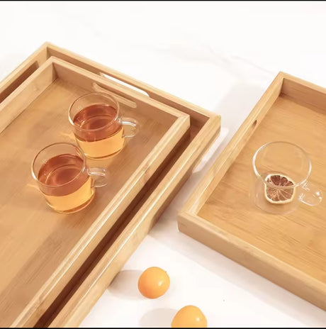 Furaha Finds 3 in 1 bamboo serving tray set eco-friendly, stylish, and perfect for serving meals, snacks, and drinks at home or events.