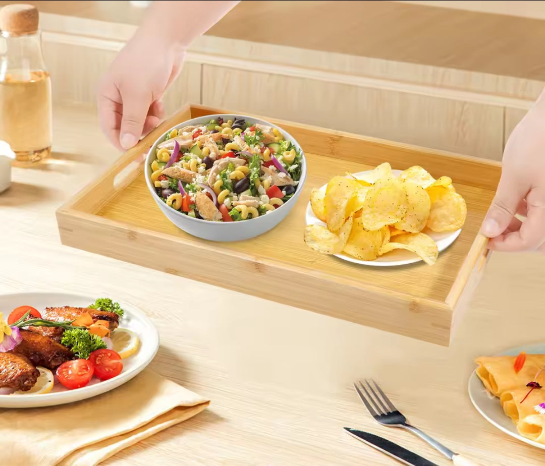 Furaha Finds 3 in 1 bamboo serving tray set eco-friendly, stylish, and perfect for serving meals, snacks, and drinks at home or events.