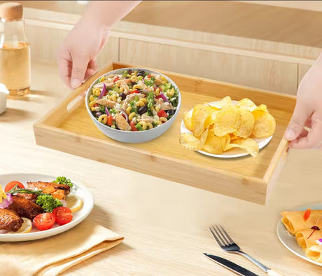 Furaha Finds 3 in 1 bamboo serving tray set eco-friendly, stylish, and perfect for serving meals, snacks, and drinks at home or events.