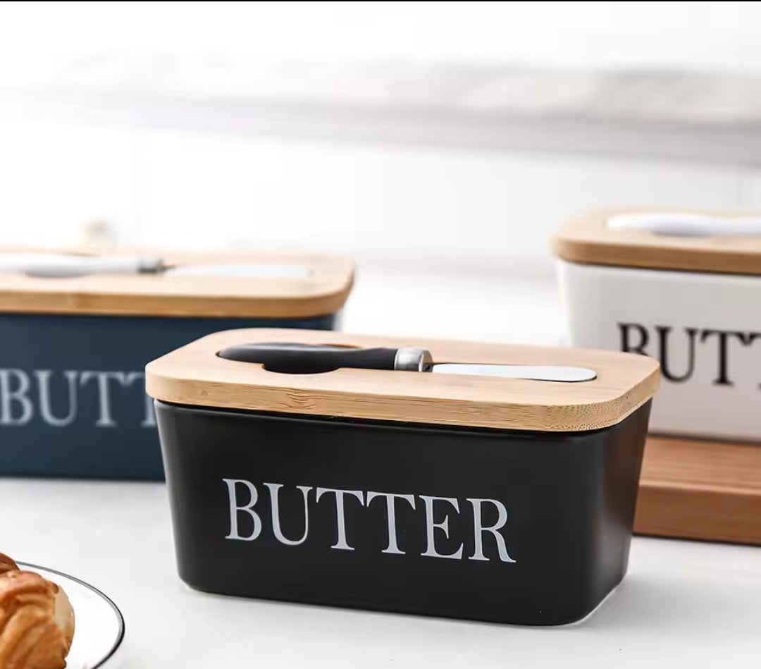 Furaha Finds 850g High-Quality Ceramic Butter Dish with Bamboo Lid – Multiuse preservation box