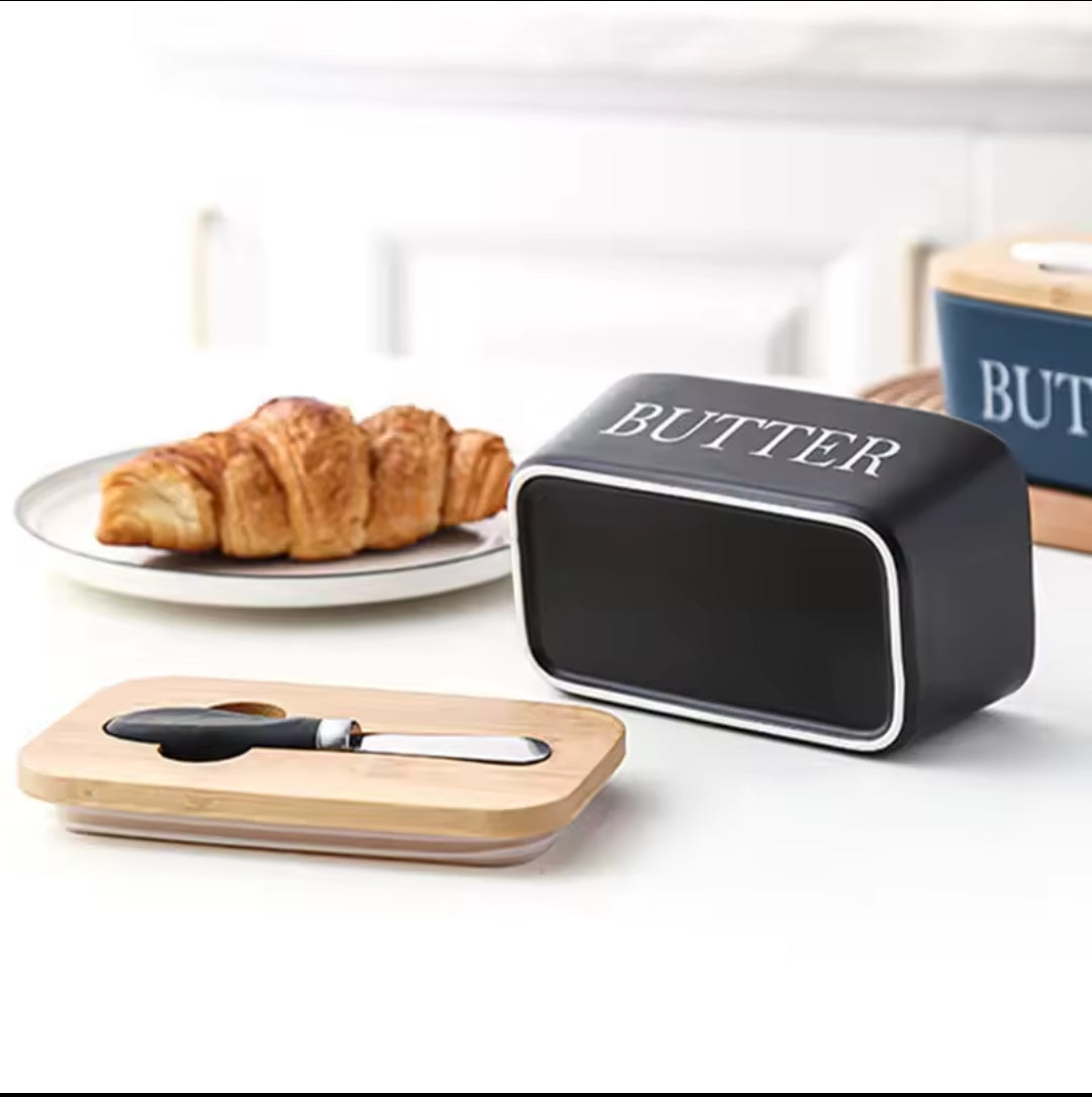 Furaha Finds 850g High-Quality Ceramic Butter Dish with Bamboo Lid – Multiuse preservation box