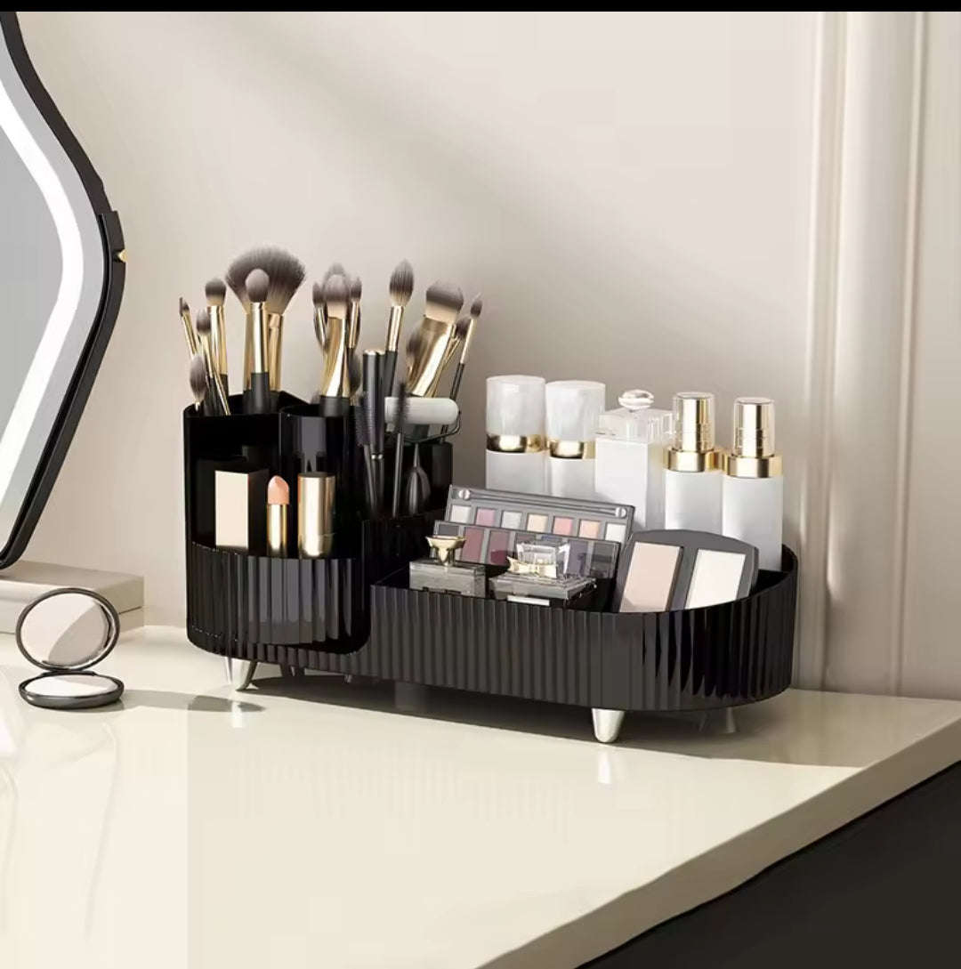 Rotatable Cosmetic Storage Box Elegant and Durable Makeup Organizer 35x15x14cm beige and black