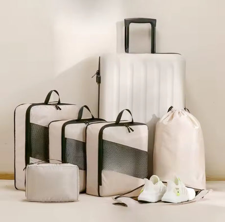 Furaha Finds 6pcs set compression travel bag made from waterproof polyester. Lightweight and space-saving packing cubes for organized and efficient travel