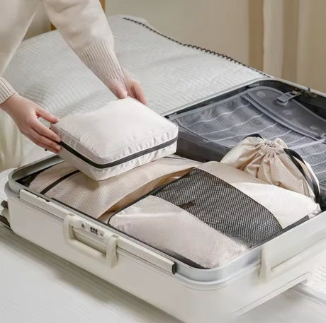 Furaha Finds 6pcs set compression travel bag made from waterproof polyester. Lightweight and space-saving packing cubes for organized and efficient travel